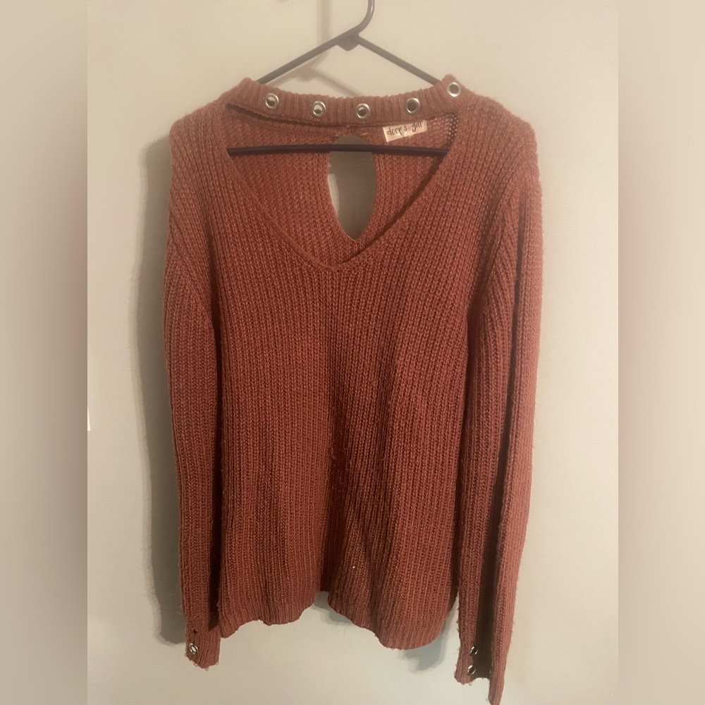 V Neck sweater burnt orange/maroon w collar around neck